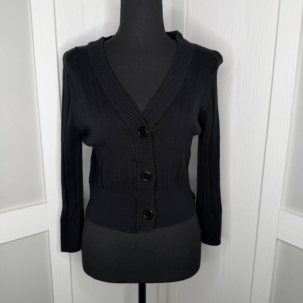 Paris Blues Cardigan Womens L Black Ribbed V-Neck Cropped Cotton 4960
